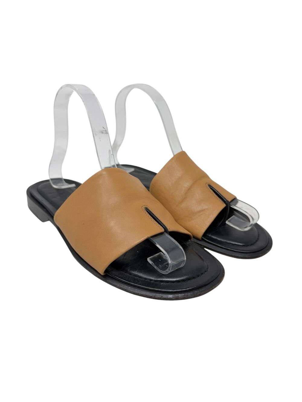 Tod's‎ Leather Toe Ring Flat Slide Sandals Tan Black Made in Italy Size 8